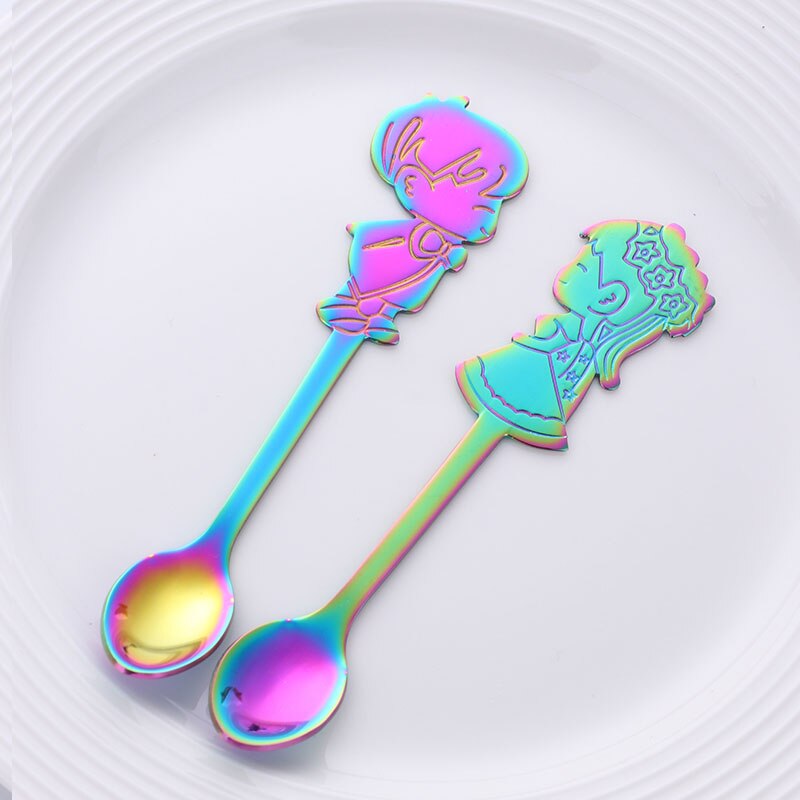 Cucharas de café románticas para pareja, cucharillas de té de colores, cubertería pequeña plateada, cuchara de postre de pastel dorado para I &amp; U, 2 uds.: Rainbow 1 set