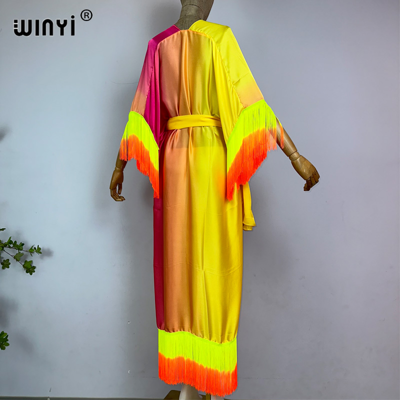 Winyi Kimono Cover-Ups Zomer Boho Geleidelijke Franje Print Bikini Cover-Up Mode Vest Sexy Kwastjes Maxi Jurk
