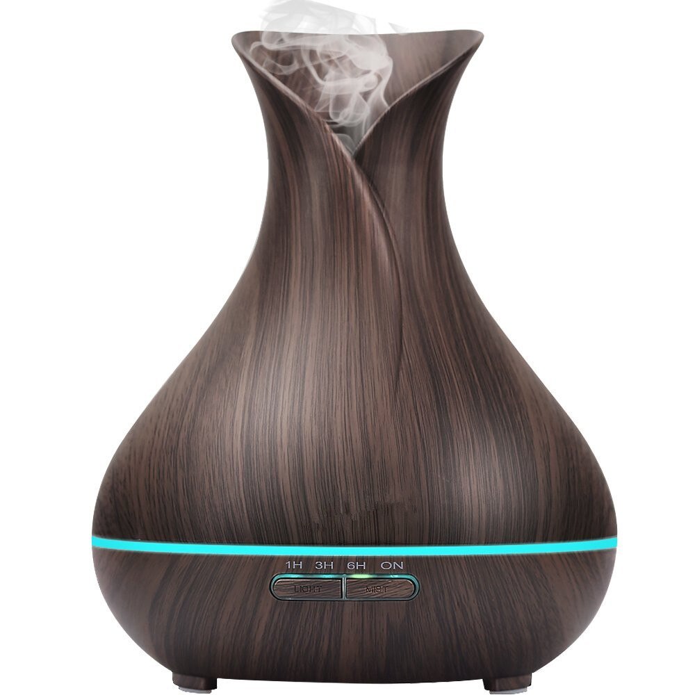 Vase Shape Essential Oil Diffuser 500ML Air Humidifier Wood Grain 7 Color LED Light Ultrasonic Cool Mist Maker Aroma Diffuser: Dark Wood Grain / UK