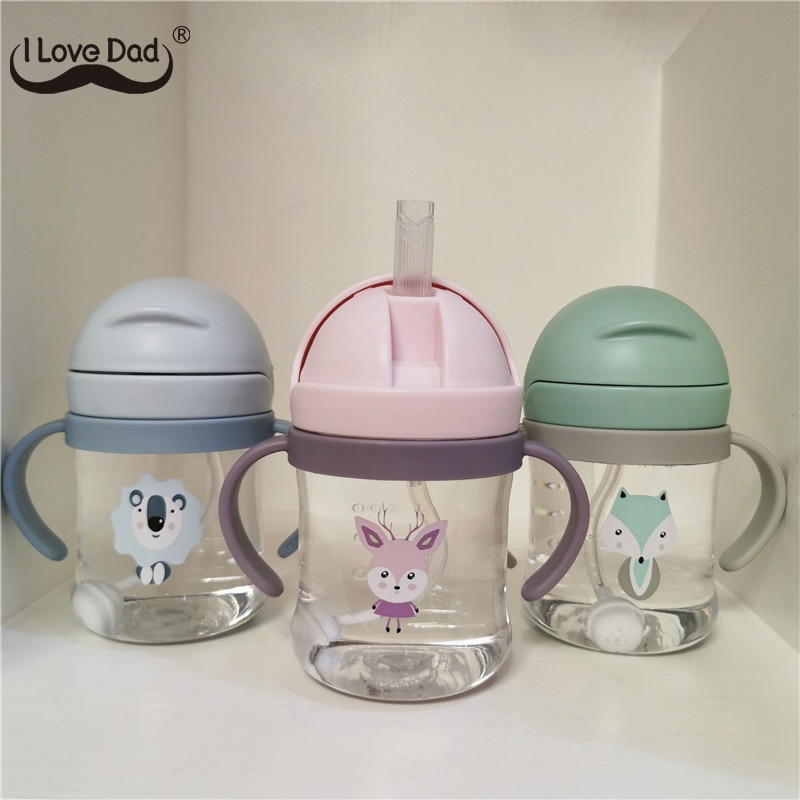 Dessin animé mignon imprimer bébé biberon BPA gratuit bébé bouteille d'eau avec de la paille enfants apprendre à boire tasse 300ML