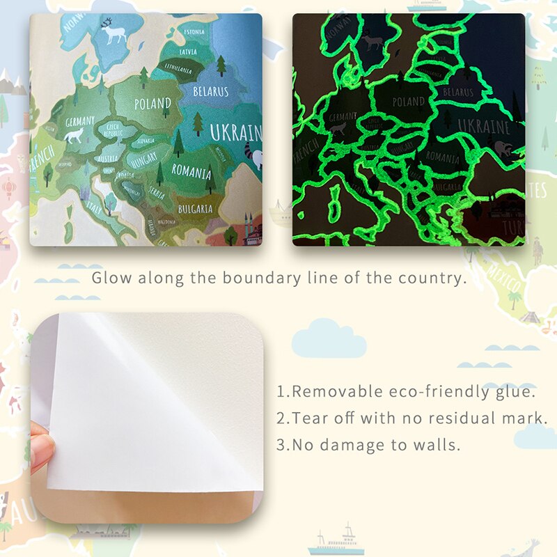 Luminous World Maps for Wall Removable Adhesive Wall Stickers for Kids Nursery Bedroom Living Room Wall Arts Decor S7