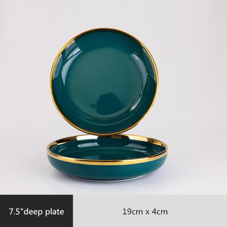 1pcs High Grade Green With Gold Lnlay Plates Steak Food Tray Nordic Ceramic Dinner Dish Salad Bowl Spoon Porcelain Dinnerware: 7.5inch plate 1pcs
