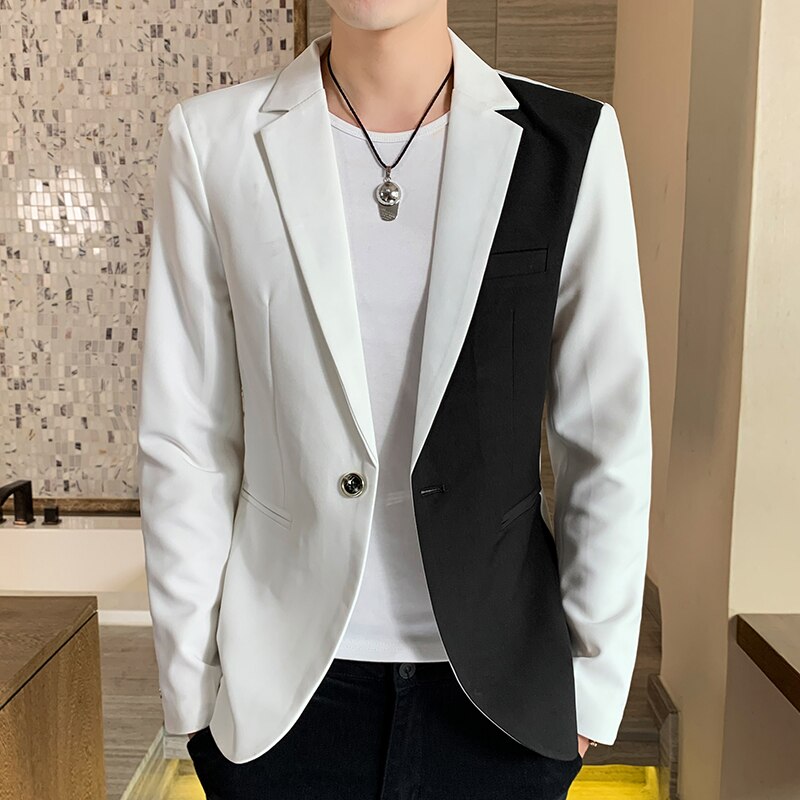Svart hvit patchwork herre blazer jakke merke koreansk enkeltknapp slim fit herre dress kåpe vest homme kostyme: Hvit / Asiatisk størrelse xl