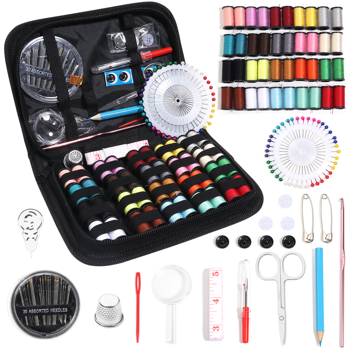 Kit de costura completo con hilos, agujas, tijeras, cinta métrica, botones, portátil, viaje, DIY, bordado, trabajo hecho a mano, conjunto de herramientas de costura: Amarillo claro