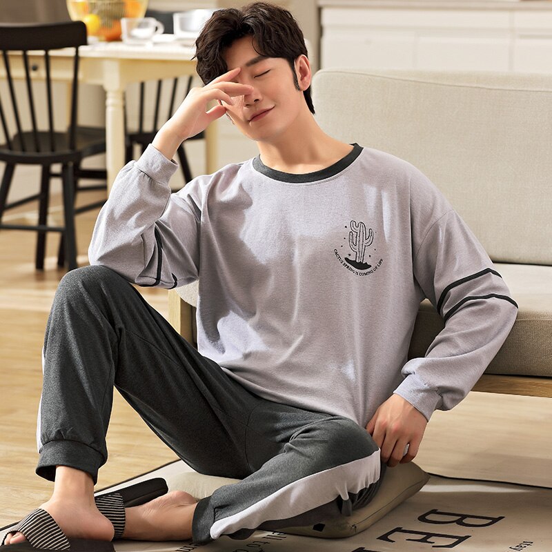 Outono cactus padrão conjuntos de pijamas masculinos manga longa topos calças compridas algodão puro completo homewear casual primavera sleepwear define L-4XL
