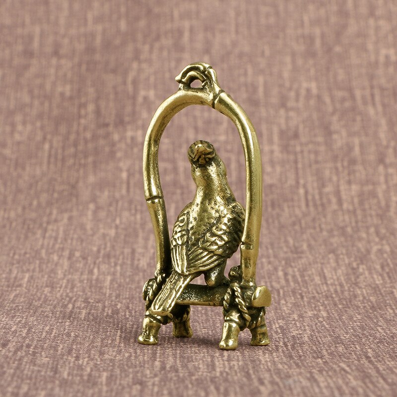 Antieke Koperen Ambachten Vogelkooi Papegaai Beeldjes Miniaturen Desktop Ornamenten Messing Dier Vogel Sleutelhanger Hanger Sieraden Decors
