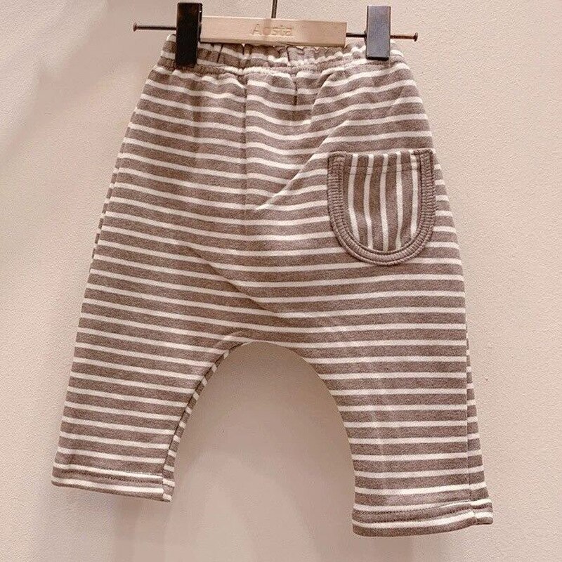 Efterår baby tøj drenge og piger baby løs afslappet lang bukser lomme all-match stribet toddler bukser børn bukser: Stribet / 9m