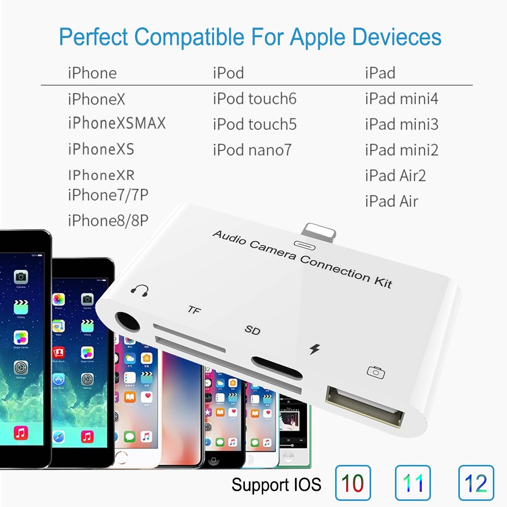 Kit de connexion pour appareil photo avec carte tf 5 in 1 sd adaptateur lightning vers usb 7 câble otg pour iphone 11 x 6 ipad 8