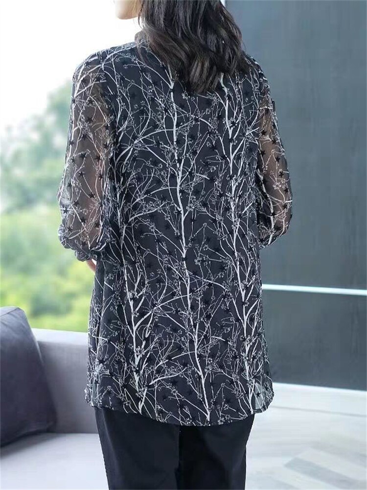Kvinnor vår sommar stil chiffong blusar dam csual långärmad plus size tryck lös skjorta dam toppar  df3618