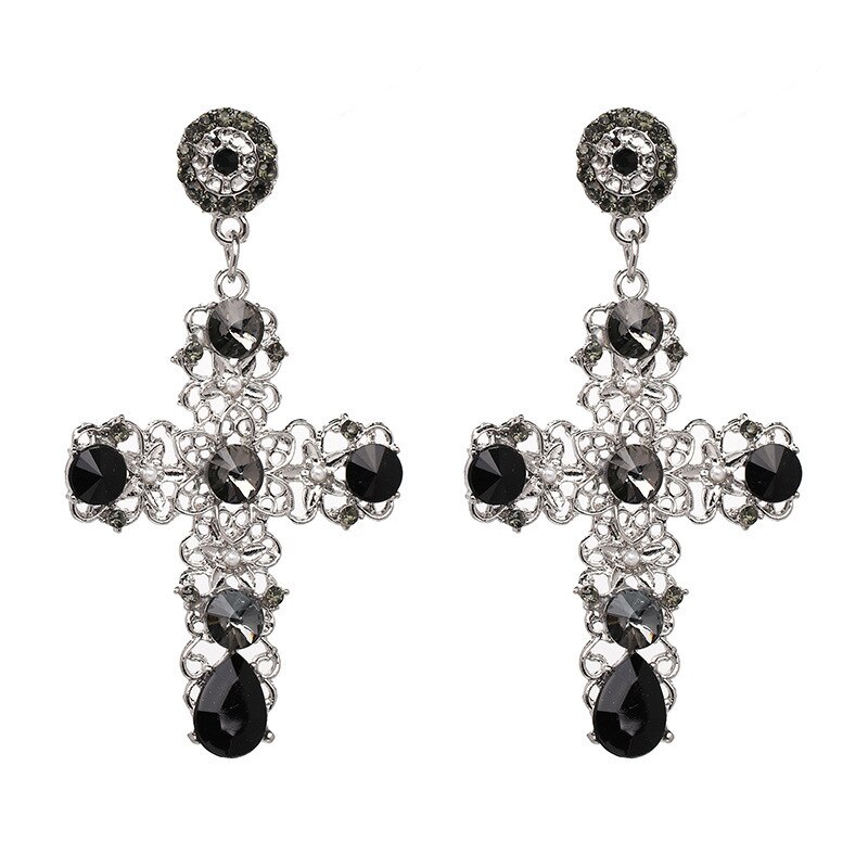 1 par Vintage barroco negro cristal pendientes colgantes de Cruz mujer rosa barroco bohemio grandes pendientes largos Bisutería: sliver