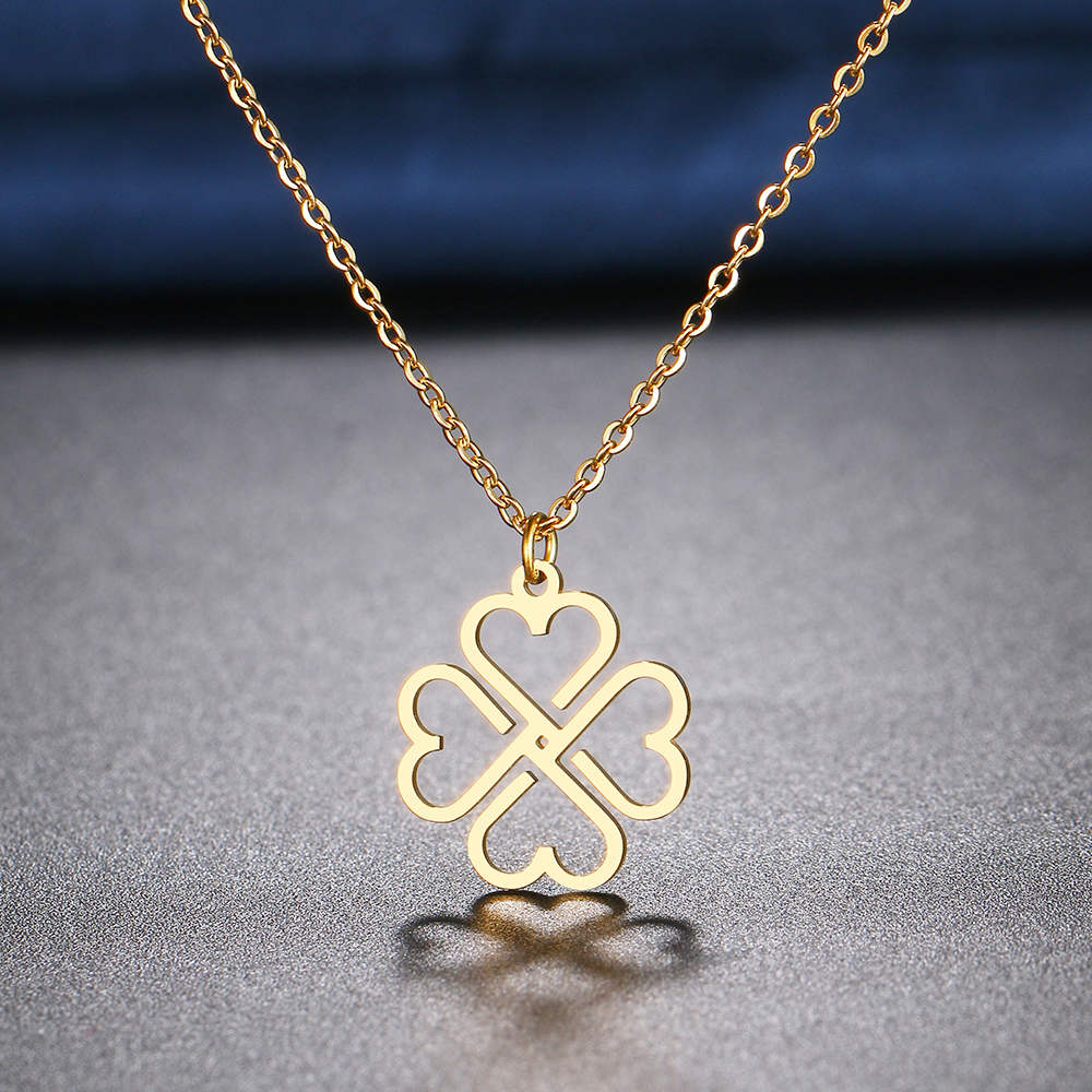 Edelstahl Anhänger Halskette - Kleeblatt & Kreuz - Gliederkette Choker für Damen: Hellgelbgoldene farbe