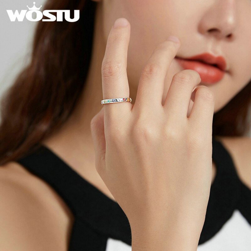 WOSTU 925 Sterling Silver Rings Demon Eye Rainbow Heart &amp; Paw Colorful Finger Rings For Women Female Fine Jewelry