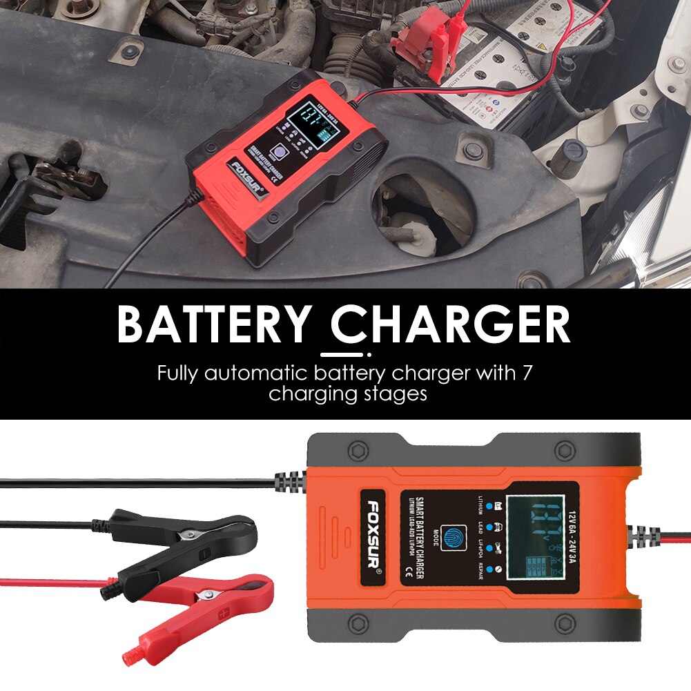 12V 6A 24V 3A Car Smart Battery Charger Automatic Pulse Repair Charger with LCD Display for AGM GEL WET Lead Acid Battery