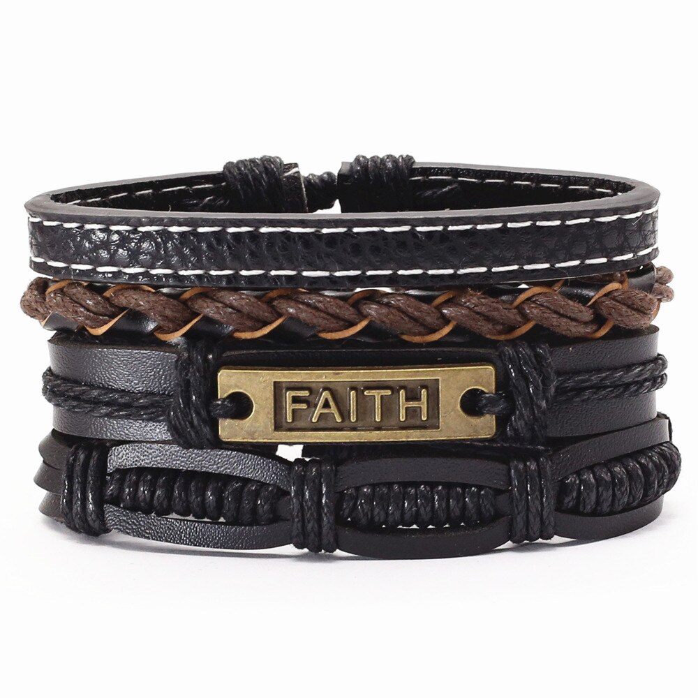Vertrouw op god, jezus, wwjd, khaki, faith punk, 4 stuks/set, vintage, zwarte kralen, bijbel, leren armbanden, herenarmbanden, dames, herensieraden: Stijl 9