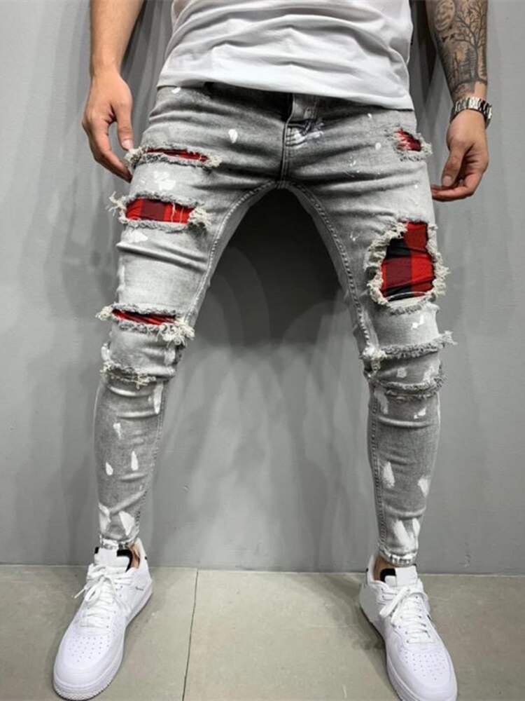 Ripped Skinny Jeans Mannen Grid Stretch Denim Broek Big Size Europese Hip-Hop Casual Mannen Jeans Casual broek