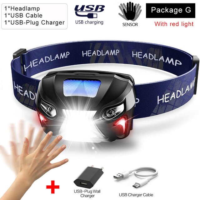 LED Scheinwerfer Motion Sensor Scheinwerfer USB Aufladbare Wasserdichte Scheinwerfer Scheinwerfer Camping Kopf Vorder Licht mit Batterie: package G