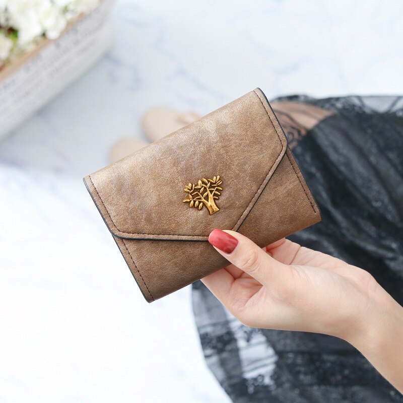 Women Wallet Retro Leather Metal Tree Wallet Student Purse Girls Mini Wallets and Purses Cute Card Holder Wallet: gold