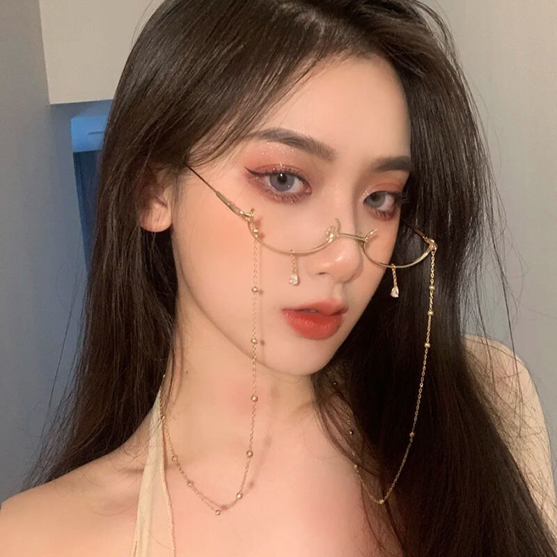 Half-frame Glasses Without Lens Glasses Frame with Chain Women Accessories Metal Chain Eyes Glasses Face Jewelry