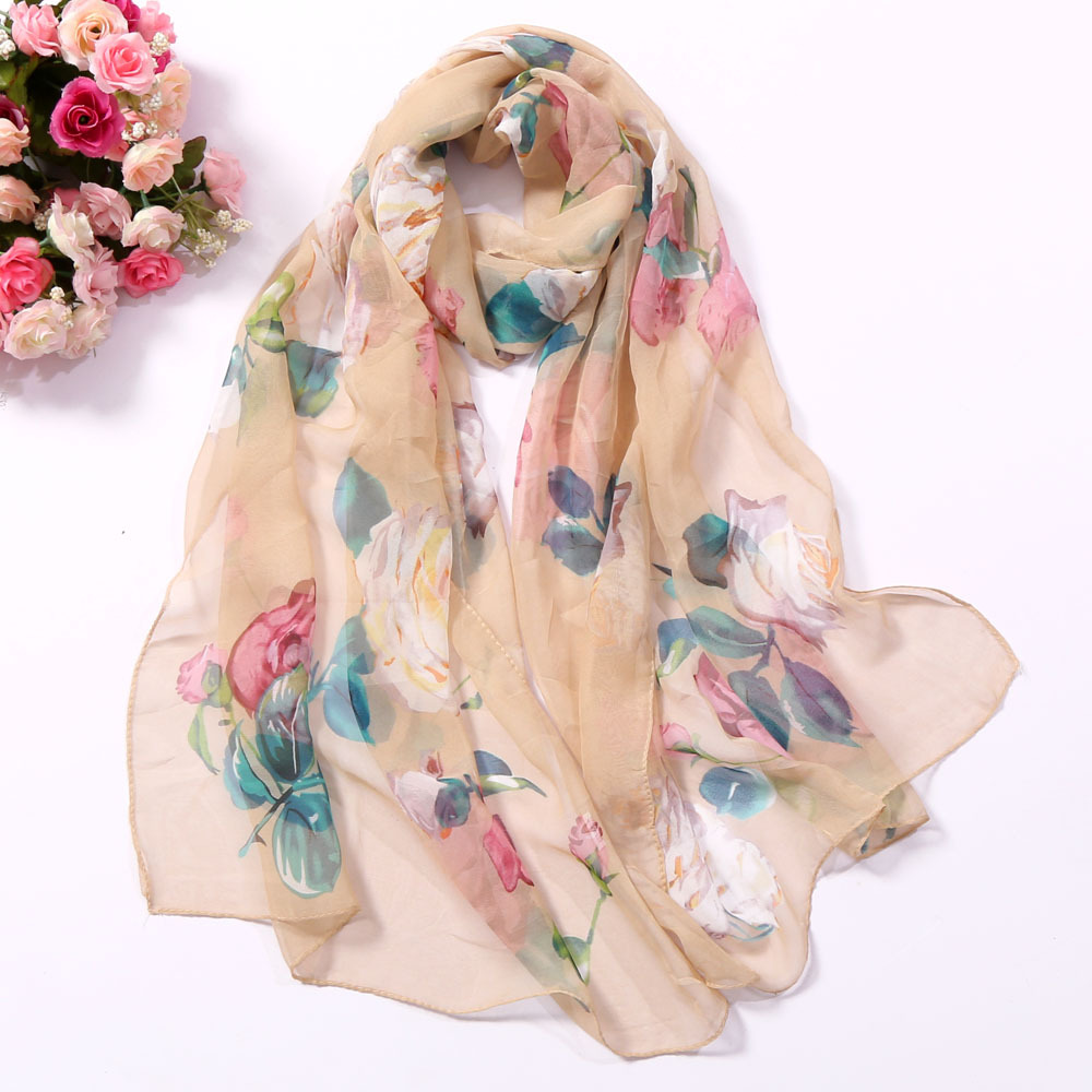 Foulard en mousseline de soie Georgette pour femmes, fleur de Rose, Foulard pour femmes, châle, Bandana , Protection solaire pour la plage: cocoa brown