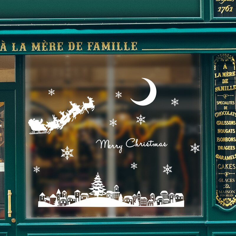 Kerstman Maanlicht Stad Kerst Muursticker Voor Glas Raam Showcase Festival Home Decoratie Behang Nieuw Jaar Stickers