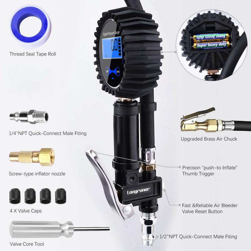 Reifendruckmesser 12 Bar - Präziser Luftdruckprüfer Mit Selbstklemm-Funktion