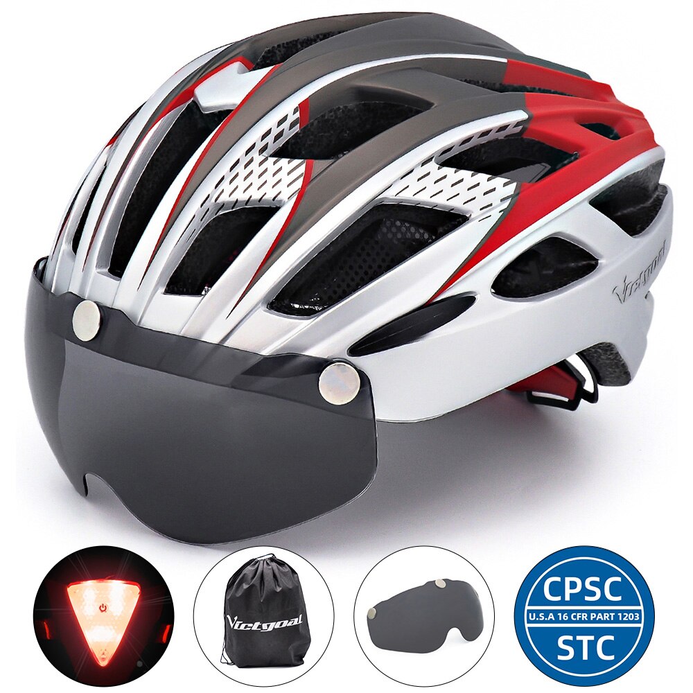 VICTGOAL Cycling Helmet with Goggles LED Rear Light Men Women Adult Bicycle Helmet Face Shield MTB Road Bike Electric Scooter: Silver