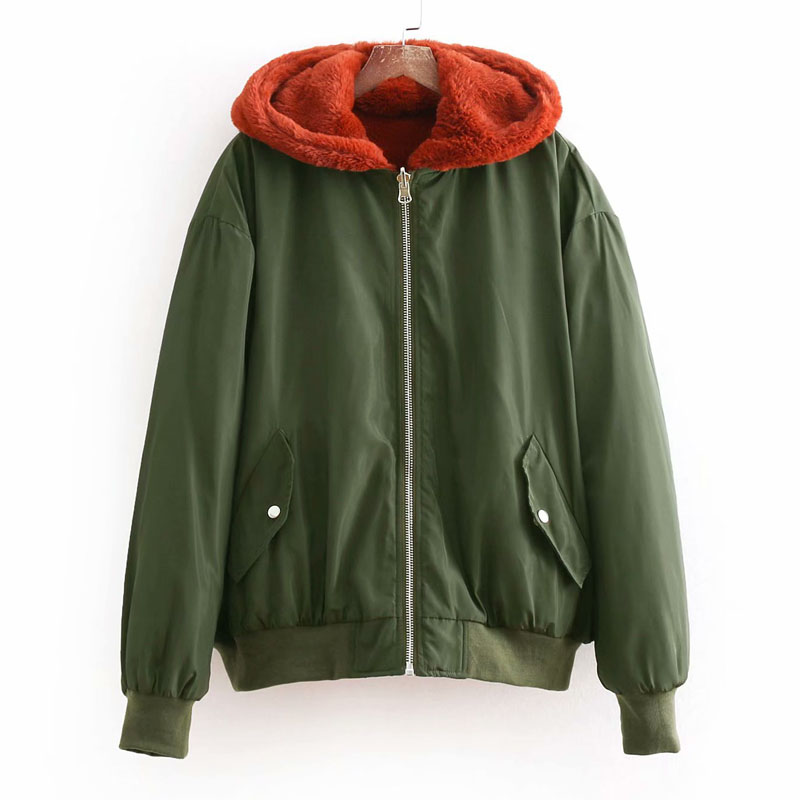 Long sleeve black winter women's double-sided wearing bomber jacket jacket wild loose faux fur hooded women's jacket