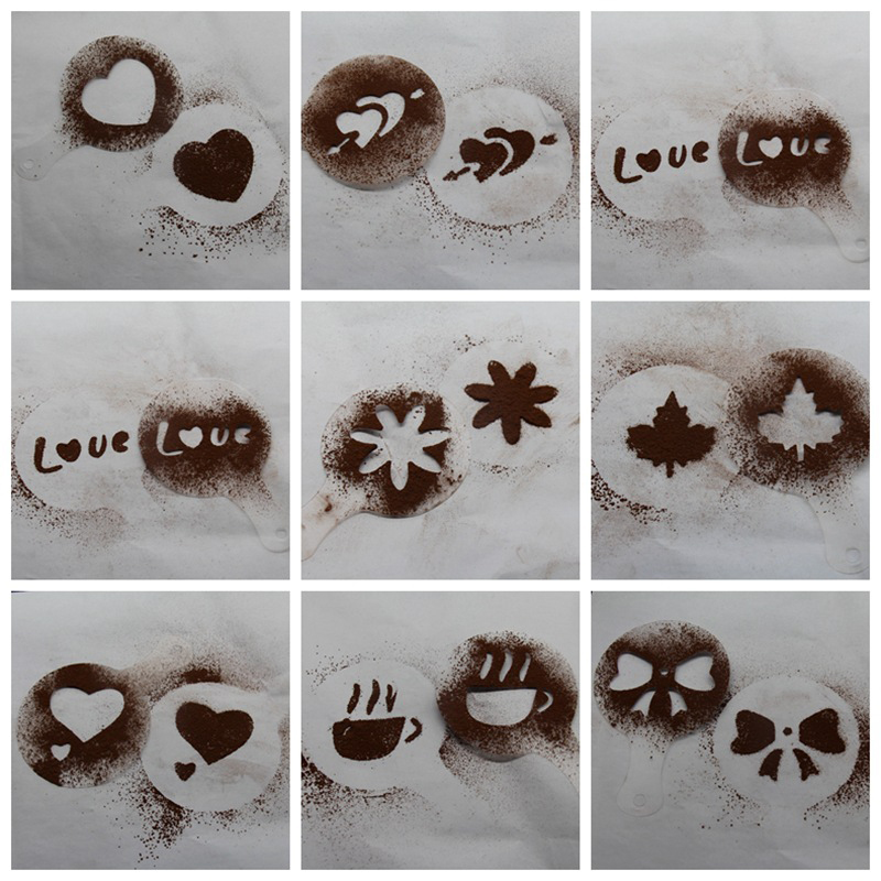 16 stk kaffe tegning cappuccino form fancy kaffe print model skum spray kage stencils pulveriseret sukker si værktøjer