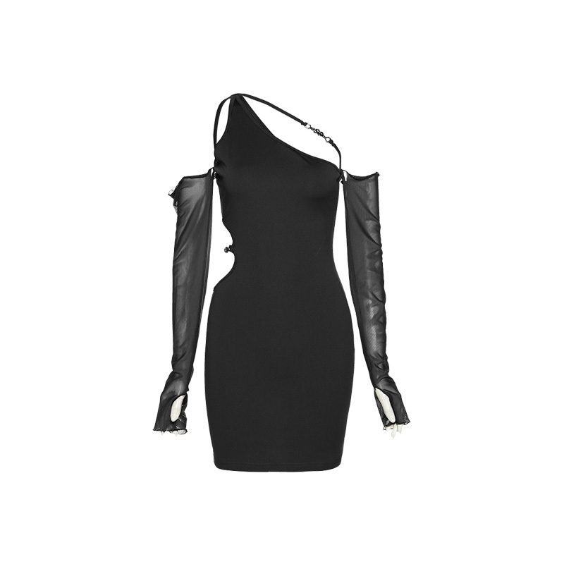 Sylcue Effen Kleur Elastische Sexy Vrouwelijke Hollow Volwassen Senior Party Elegante Koele Strakke Vrouwen Jurk Met Mouwen Charm: S