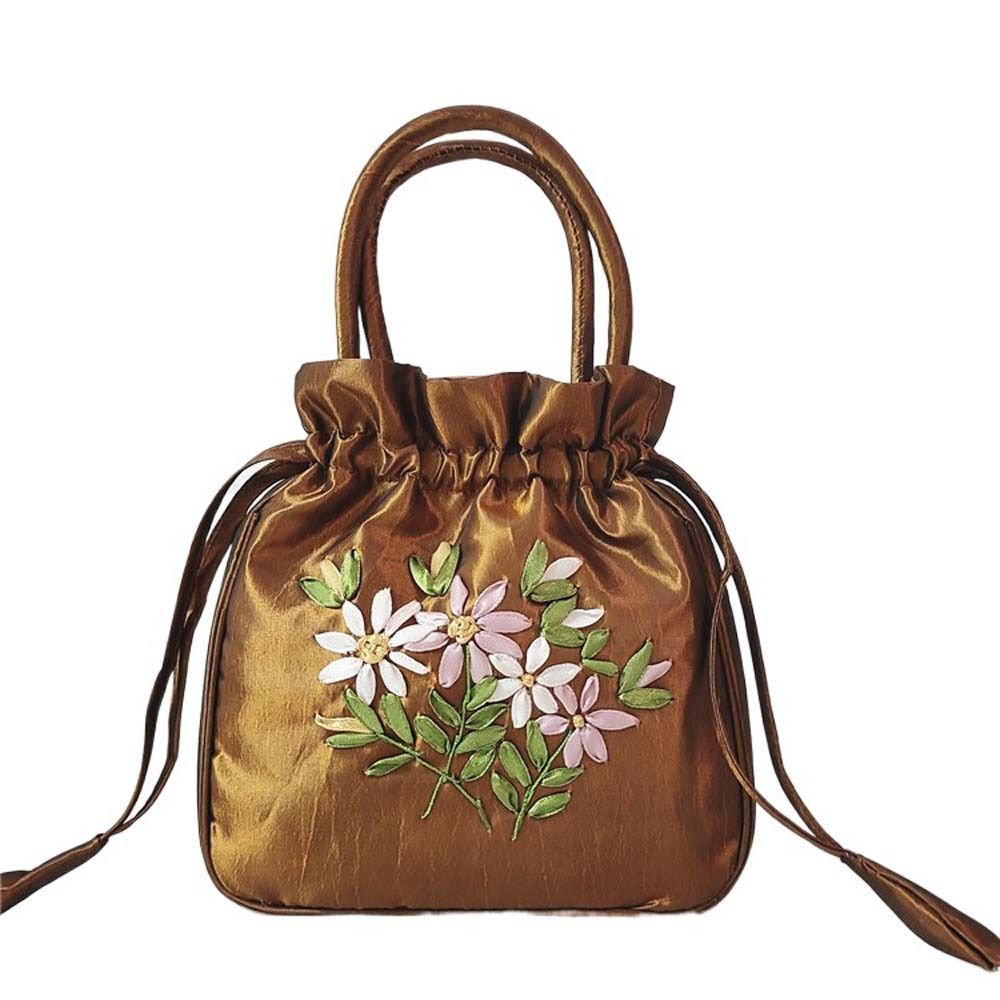 Bolso de mano con bordado de seda satinada para mujer, cartera pequeña con cordón Floral, Hanfu, Retro y