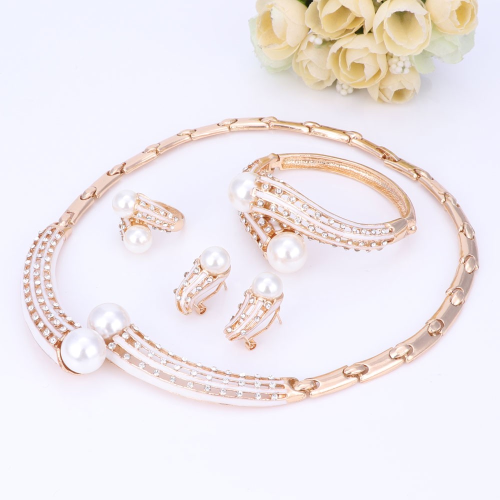 Mærke smykker sæt guld farve smykker sæt kvinder bryllup tilbehør til kvinder simuleret perle krystal halskæde øreringe sæt: Hvid