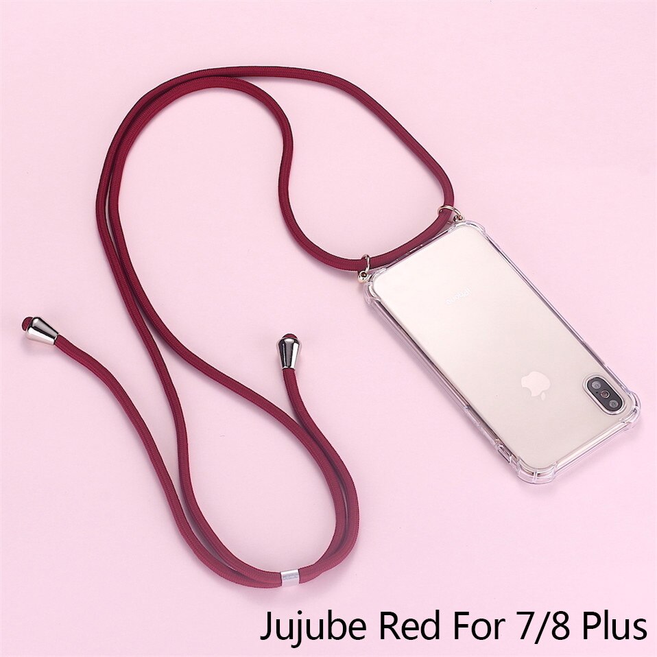 Strap Cord Chain Phone Tape Necklace Lanyard Mobile Phone Case for iPhone 7Plus 8Plus Carry Cover Case to Hang On Apple 7+ 8plus: Jujube Red