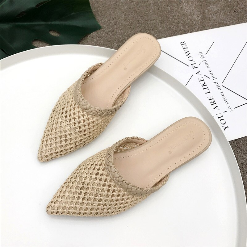Vrouwen Wees Lage Hak Slippers Zomer Riet Geweven Rotan Gras Sandalen Strand Schoenen Vrouwen Slippers Platte Schoenen slides