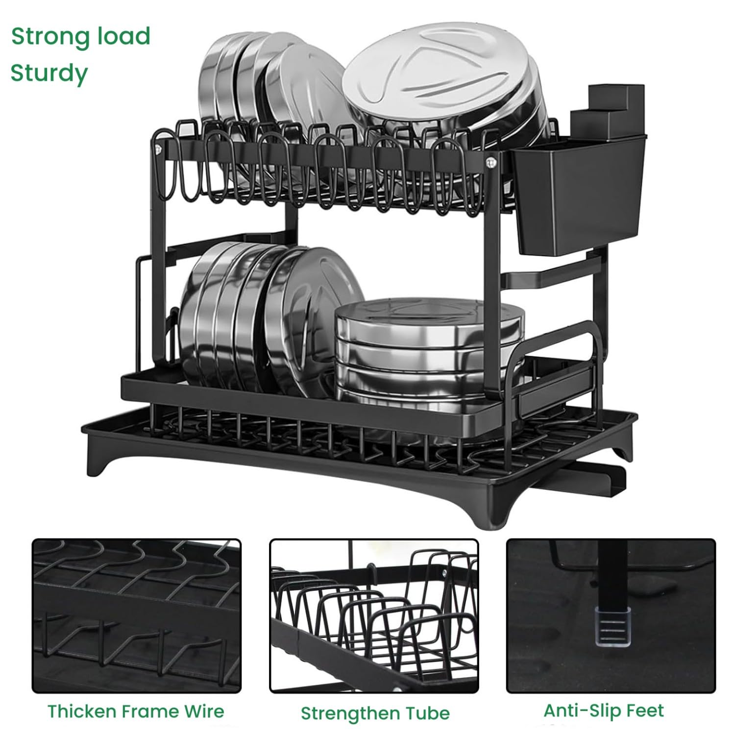 Dish Drying Rack, 2 Tier Dish Rack with Draining Tray, Rustproof Dish Drainer Racks with Detachable Utensil Holder