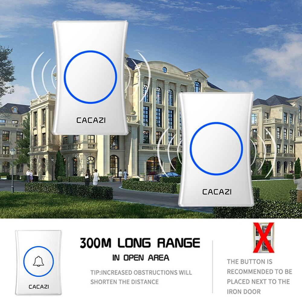 Cacazi-campainha inteligente sem fio para casa., campainha inteligente à prova d&#39;água, 300m, remoto. tomada eua, ue, ru e au. com 2 botões e 4 receptores.