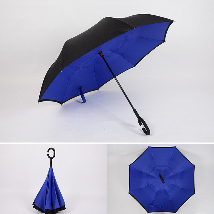Windproof Reverse Folding Double Layer Inverted Umbrella Self Stand umbrella rain/sun women/men flowe durable: blue