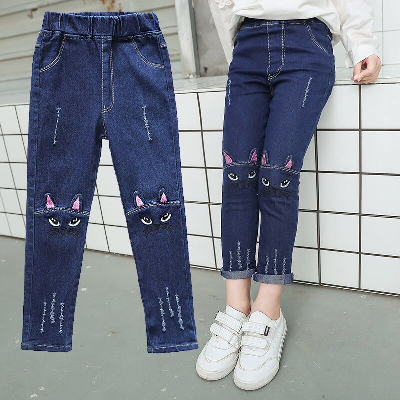 Pantalon en jean déchiré pour fille, vêtement décontracté, chat mignon, pour enfant de 2 à 12 ans, printemps et automne