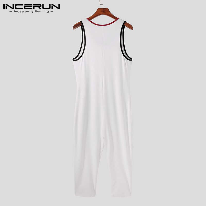 Summer Men Pajamas Jumpsuits Patchwork Sleeveless Button Homewear 2022 Fitness Rompers Cozy O Neck Leisure Men Nightwear INCERUN