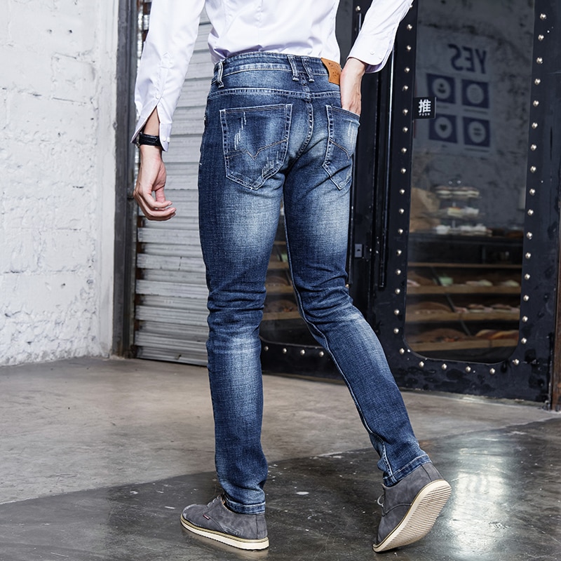 Streetwear Men Jeans Retro Blue Elastic Slim Fit D... – Grandado