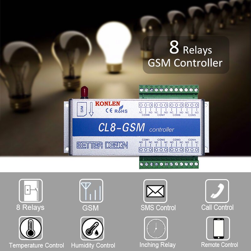 KONLEN GSM 8 Way Relay Controller Smart Home Power Switch SMS Call Temperature Sensor Remote Control Gate Opener Lock Server