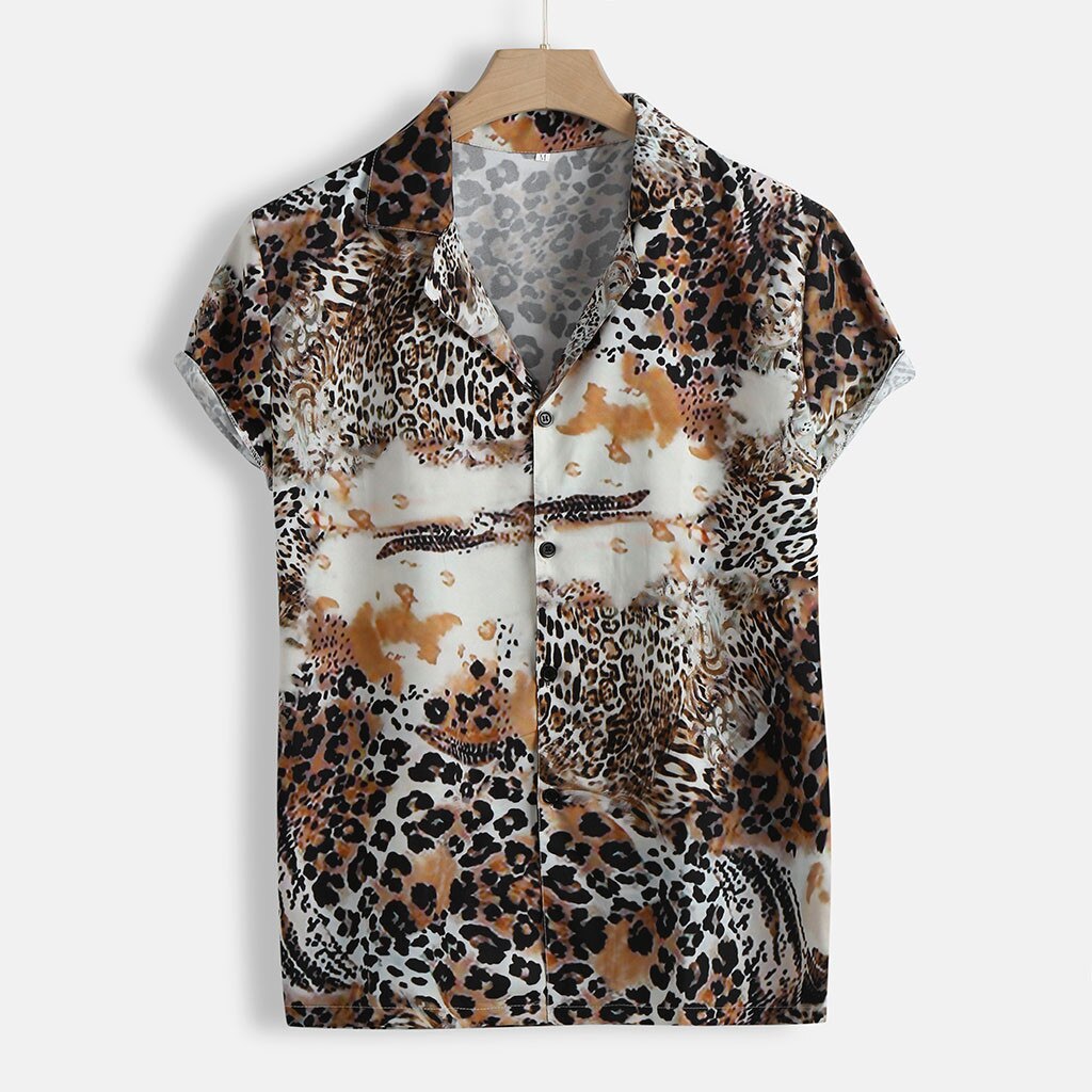 @ plus size kortærmet herre skjorte sommer casual slim fit leopard skjorter mænd kjole tøj toppe camisa masculina