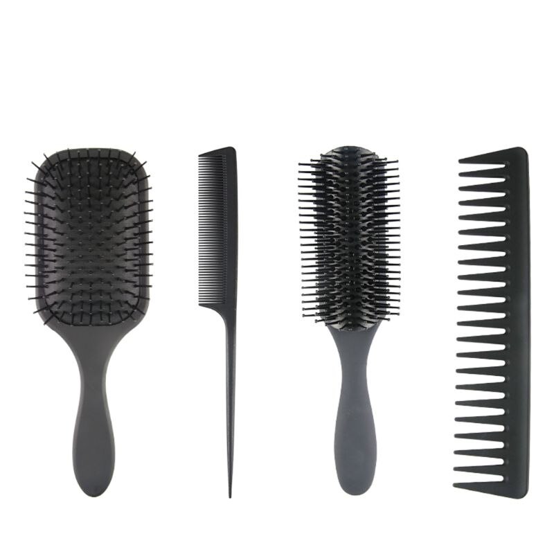 4Pcs Hair Brush Set Air Cushion Massage Comb High Temperature Resistant Portable Home Travel Styling Tool for Ladies: Black