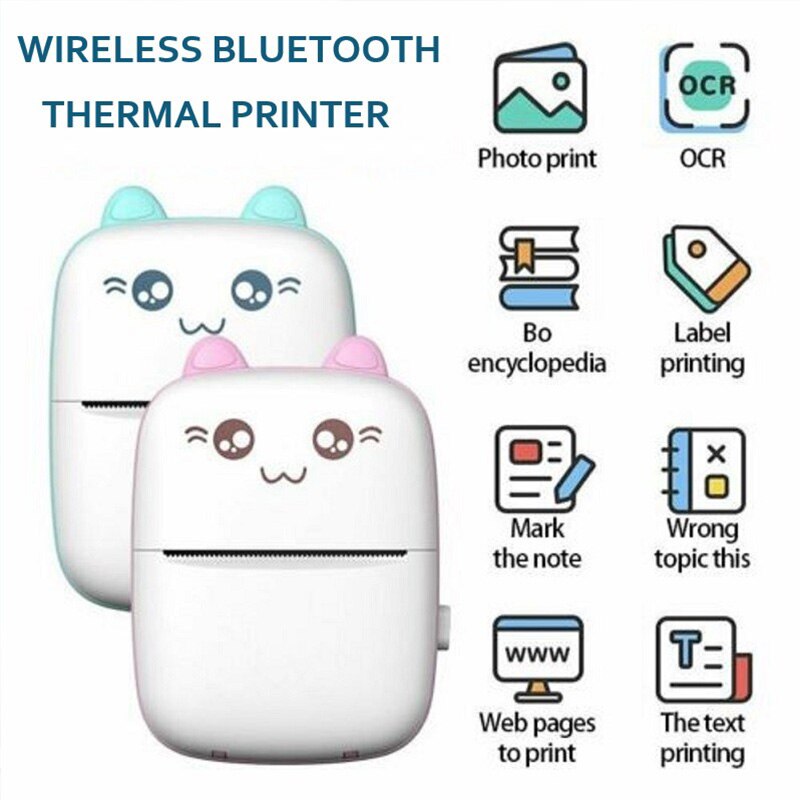 Mini impresora térmica portátil, máquina de impresión inalámbrica BT, 200dpi, para etiquetas, Impresión de mensajes incorrectos con Cable USB, IOS