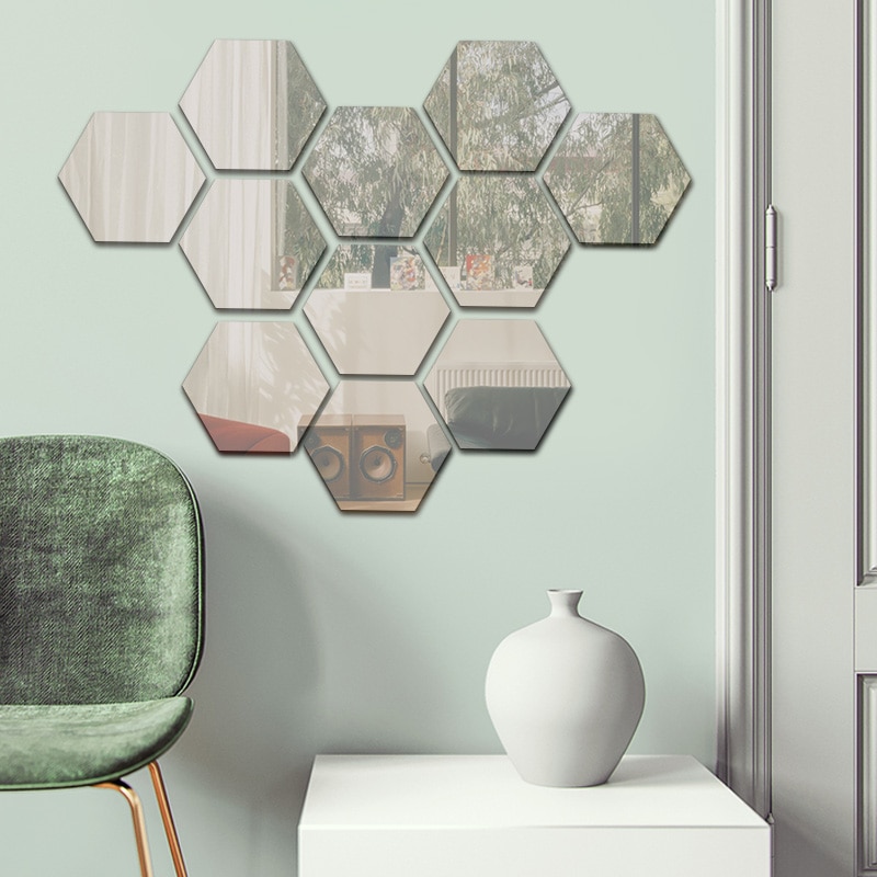 12 Stuks Diy Zilveren Reflecterende Hexagon Spiegels Espejos Muur Spiegel Sticker Muurstickers Decor Voor Woonkamer Huis Wanddecoratie
