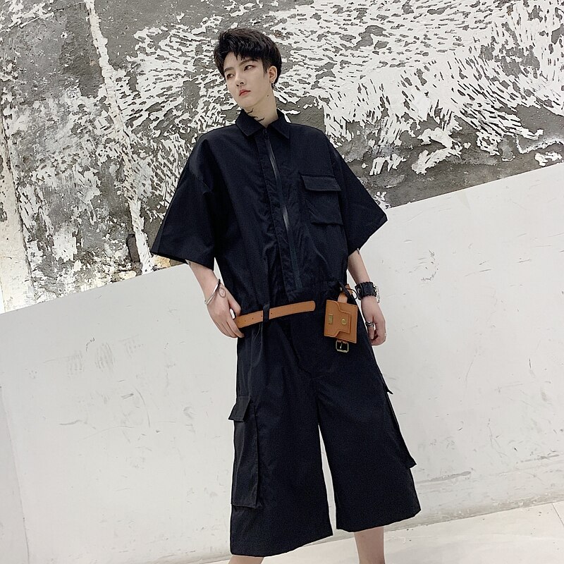 Mono de manga corta para hombre, holgado, informal, con cinturón incluido, Pantalón Cargo, ropa de calle para hombre, ropa de calle, monos de Hip Hop, pantalón harén
