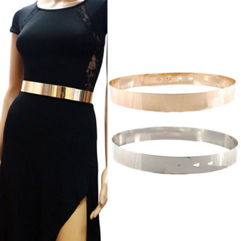 Women Adjustable Metal Waist Belt Metallic Bling Gold Plate Slim Simple Belt