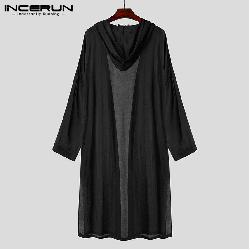 Men Coats Hooded Long Sleeve Streetwear Translucent Open Stitch Trench Solid Korean Thin Outerwear Mens Cloak INCERUN
