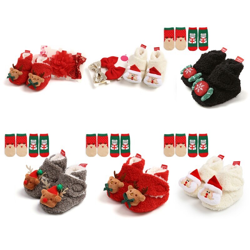 Newborn Baby Girl Boy Wnter morbidi stivali di peluche antiscivolo cervi di natale babbo natale scarpe carine + 2 fasce o 2 calzini abito