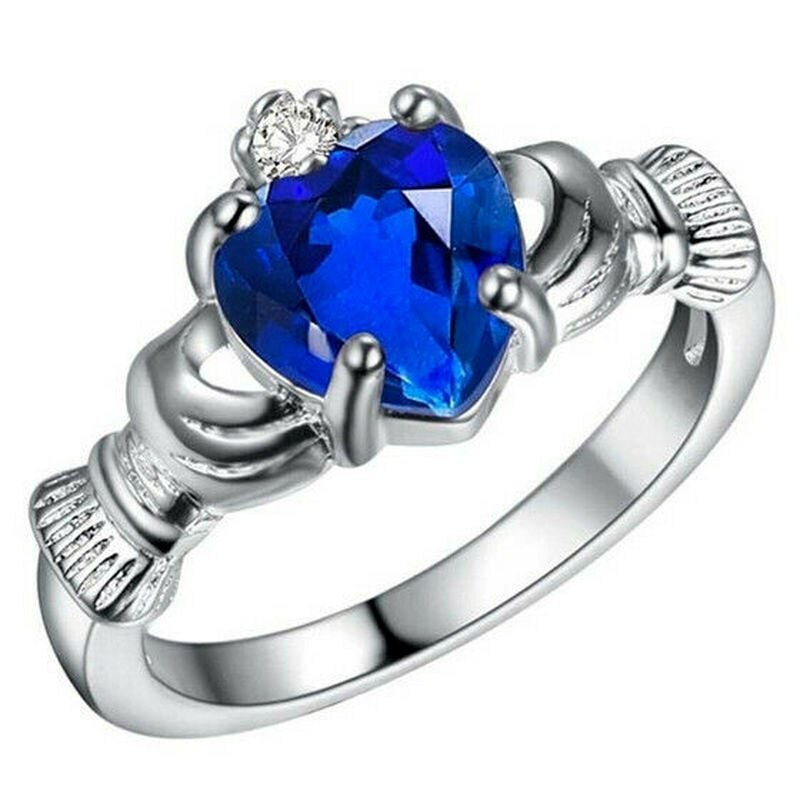 Anillo Claddagh de compromiso de boda con corona de circón de Color plateado para mujer talla 6-10: 6 / Blue