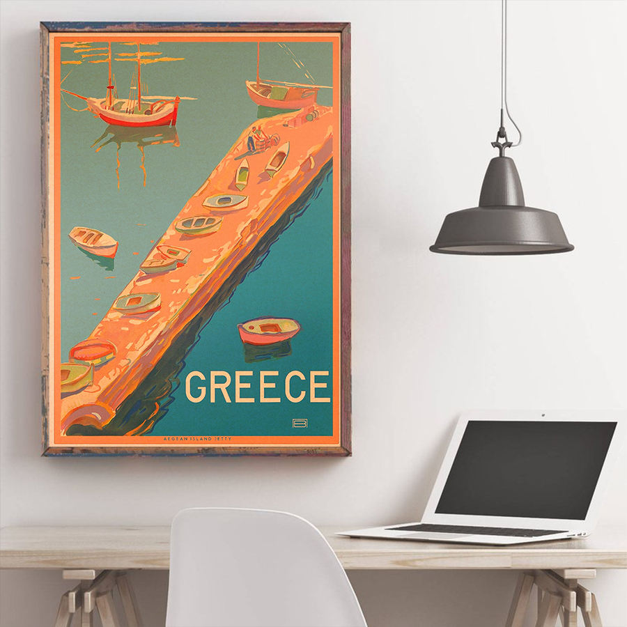 Kreikka kaupunki matkajuliste seinätaide tarra vintage voimapaperi kahvila pubibaari hotellin sisustus käsinmaalattu maisemakuva 42 x 30cm